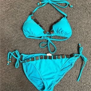 Xhilaration Turquoise Blue Bikini Brown Squares Button Trim Small